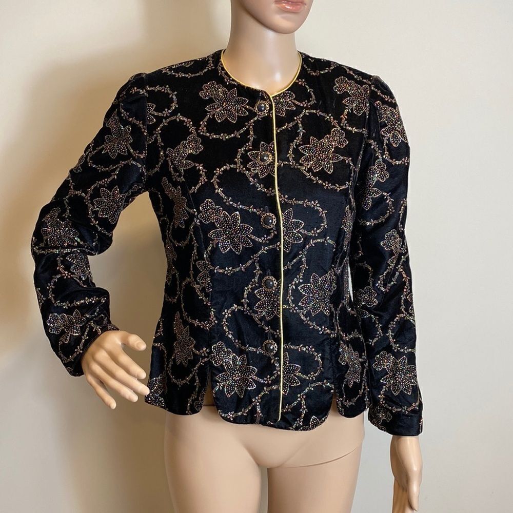 ❤️Last Chance Y2K R&K Evening Vintage Velour Black Beaded Dress Jacket Size PS